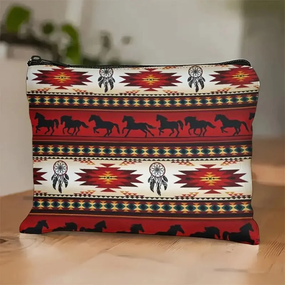 Western Aztec Horse Pattern Bag Dream Catcher Zippered Pouch Makeup Organizer